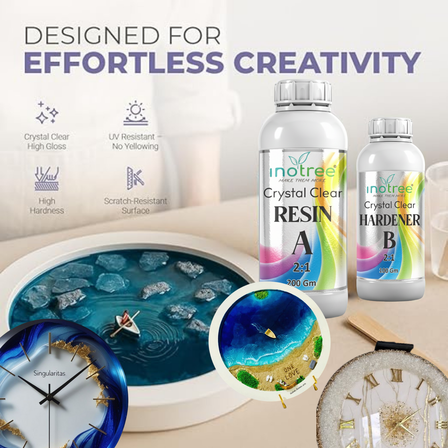 inotree Crystal  Clear Epoxy Resin Art High Intensity Premium Resin and Hardener Kit (2:1 Ratio) -(200 GM+100 GM)