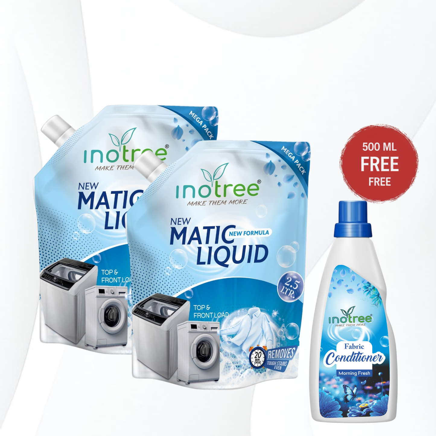 Inotree Matic Detergent Liquid New Formulation Top Load & Front Load Liquid  2.5+2.5 Liter (Free 500 ML Fabric Conditioner)
